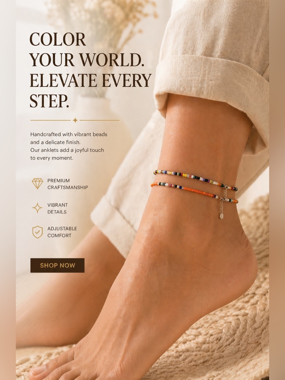 Multicolor Beaded Anklet Set of 2
